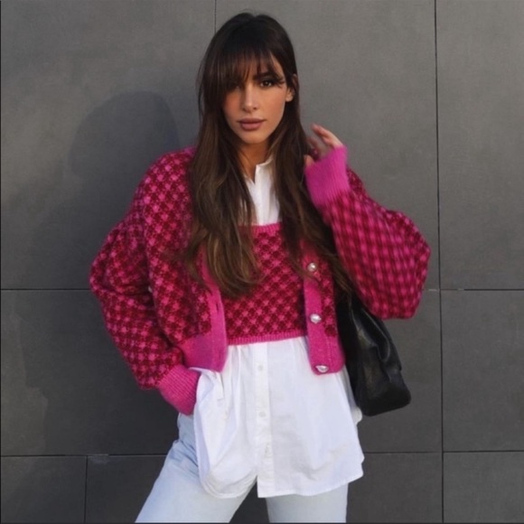 Zara 3-Piece Set - Pink Wool Blend Plaid Knit Dress, Top & Pearl Button Cardigan - Picture 6 of 16